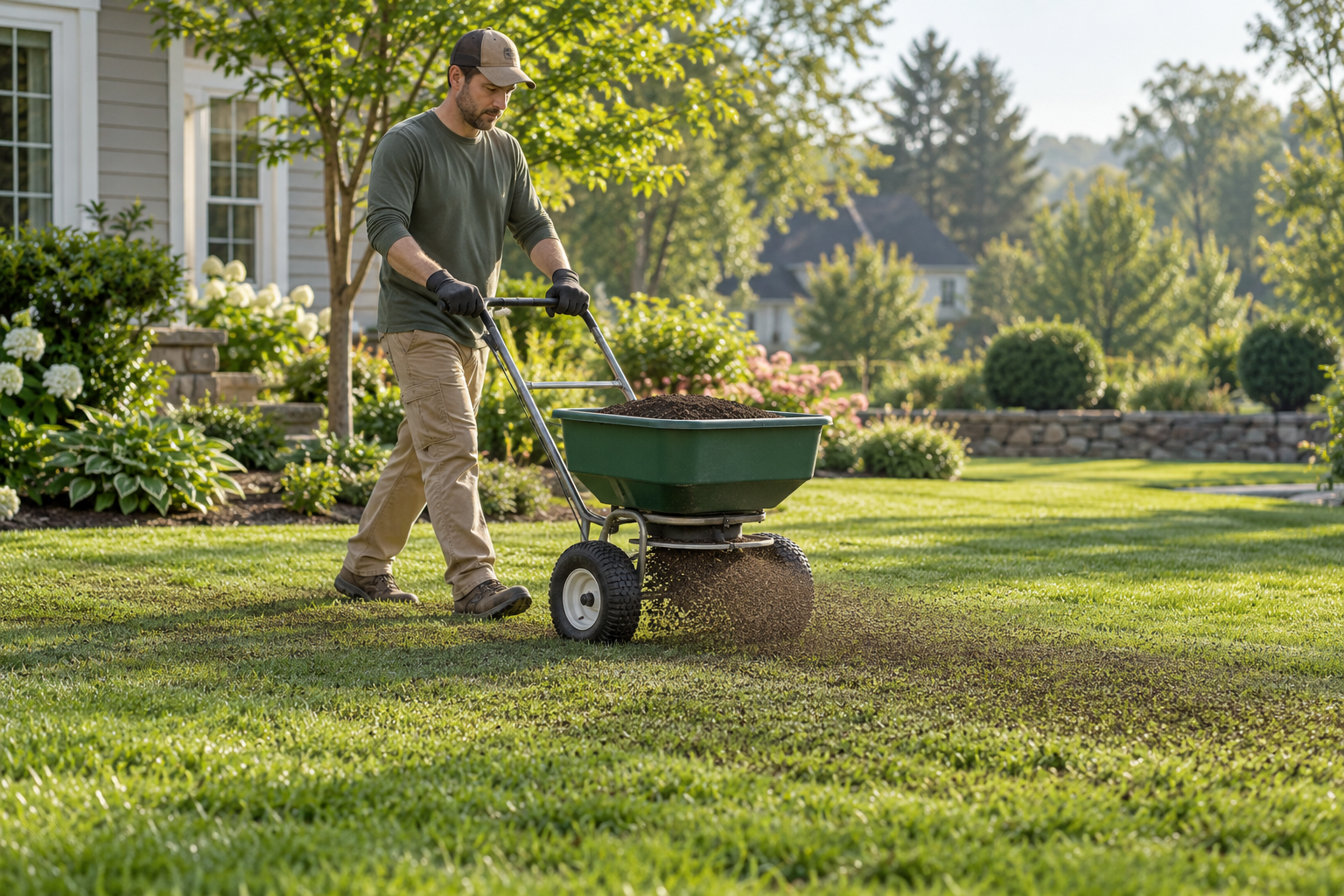 A person distributing a thin, even layer of material over a green lawn with a wheeled spreader