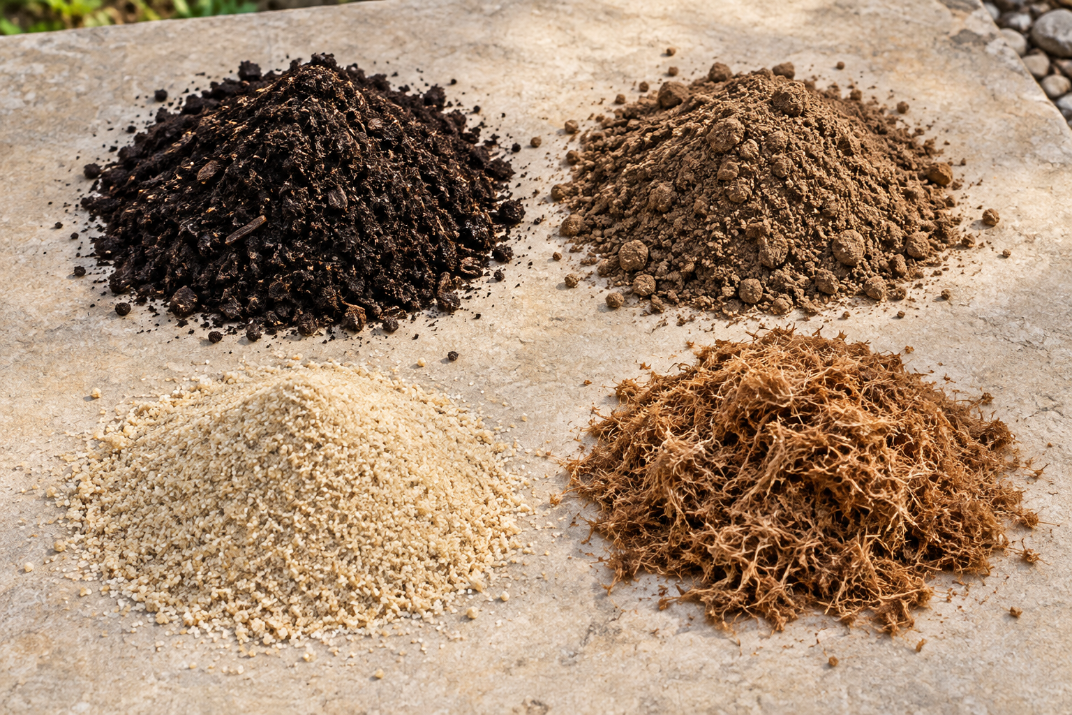 Four separate samples illustrating compost, topsoil, sand, and peat moss textures